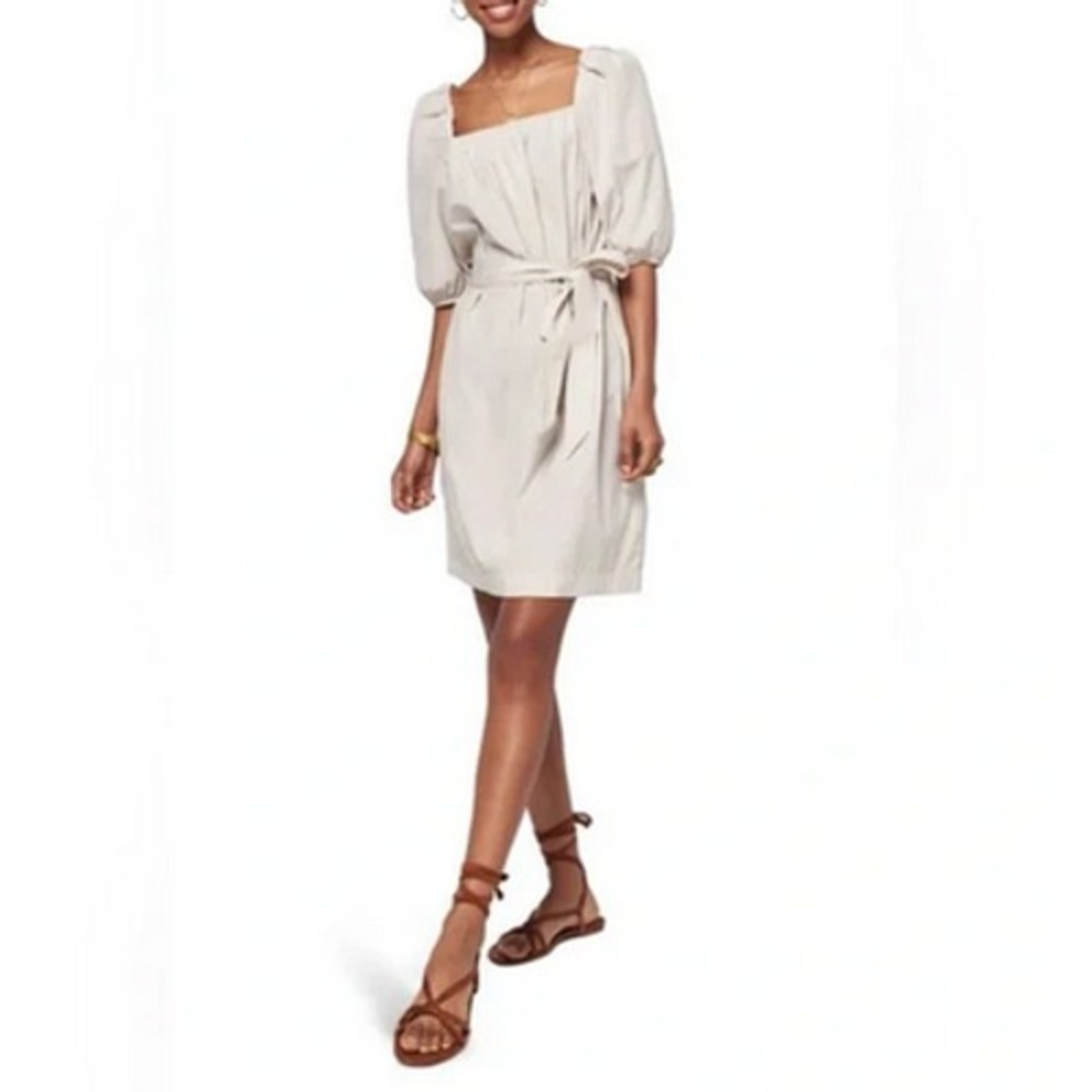 Faherty Poplin Dress Womens Small Puff‎ Sleeve Tie Belt Midi Boho in Birch